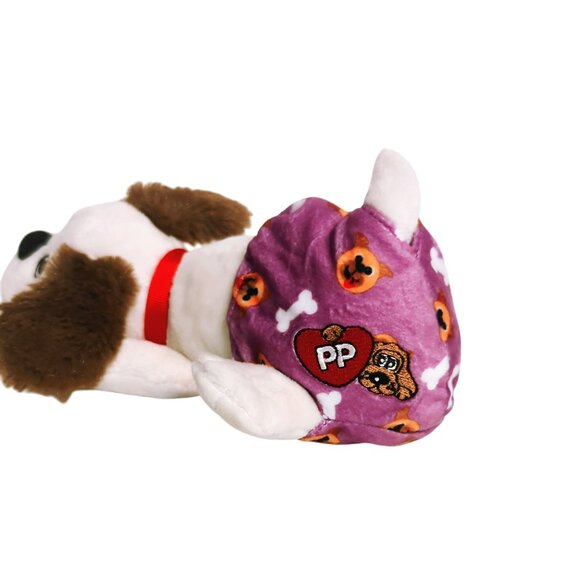 Pound Puppies Newborns Plush 2023 White Puppy Brown Ears Dog W/ Purple Diaper 8" - Picture 4 of 4